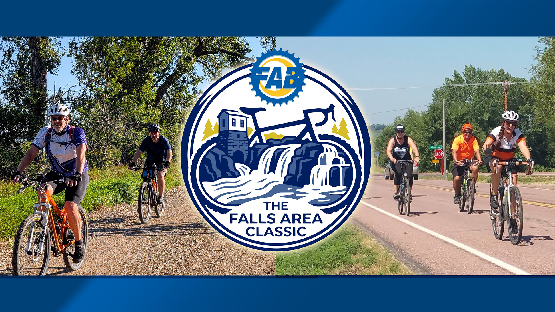Falls Area Classics riders on gravel and pavement with the event mark